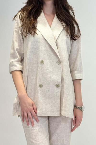 Bej Keten Yaka Detaylı Ceket