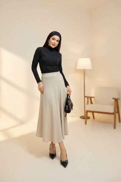 Long Flared Linen Skirt - Beige