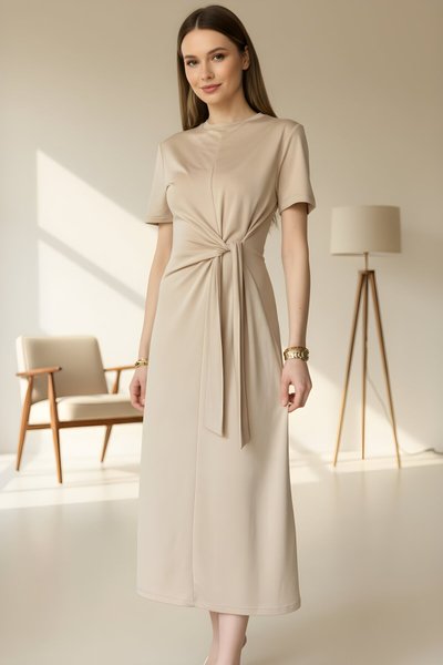 Long Osy Modal Soft Textured Fabric Side Tie Dress - Beige