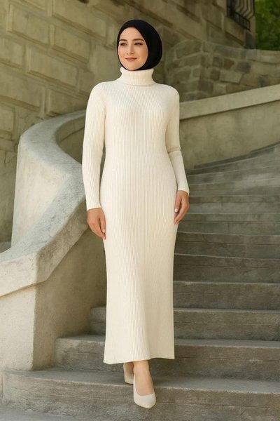 فستان محتشم طويل أبيض بياقة عالية تريكو مضلع