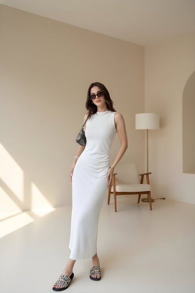 Long Soft Modal Crew Neck Dress - White