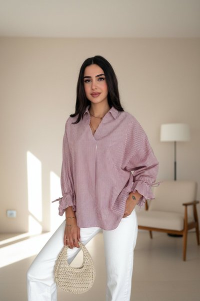 Striped Asymmetric Back Slit Detail Blouse Shirt - Maroon