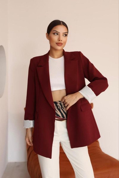 Bordo Çizgili Oversize Astar Detaylı Blazer Ceket