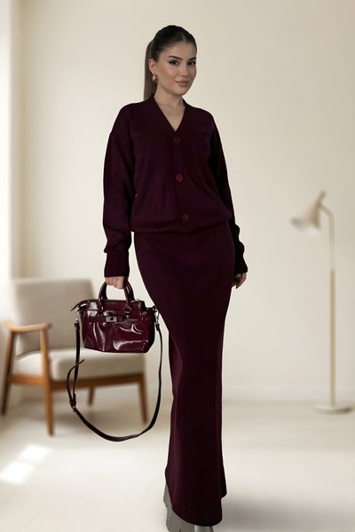 Two-Piece Knit V-Neck Buttoned Cardigan Skirt Set - Burgundy