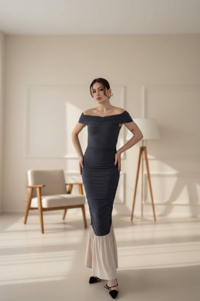 Long Off-the-Shoulder Evening Dress - Charcoal Grey