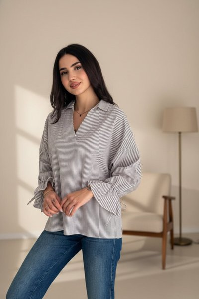 Asymmetric Back Striped Slit Detail Blouse - Grey