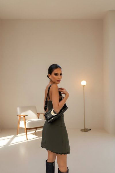 Mini Two-Piece Pleated Strappy Dress - Khaki