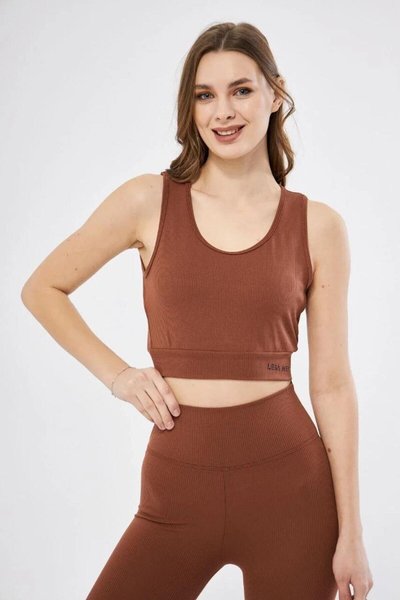 Kahve Baskılı Crop Fitilli Crop Top
