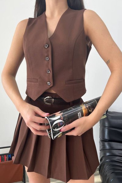 Kahverengi Astarlı Yelek Etek Kemerli İkili Takım