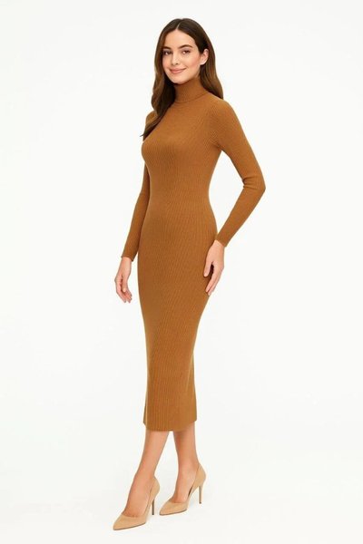 Long Ribbed Knit High-Neck Dress - Brown