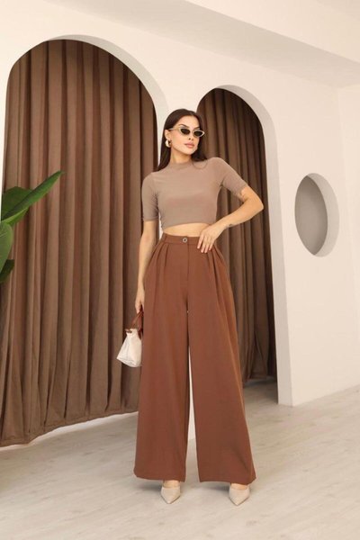 Kahverengi Yüksek Bel Palazzo Pilili Pantolon