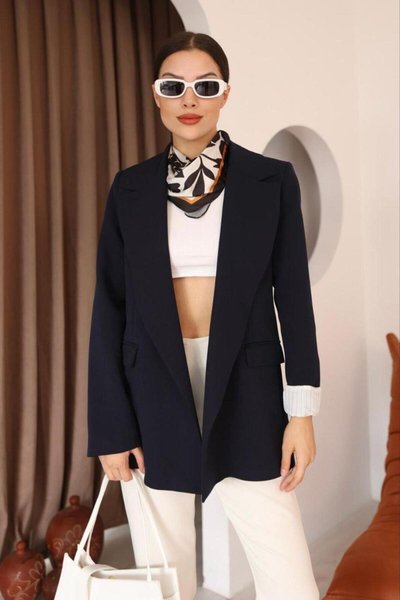 Lacivert Çizgili Oversize Astar Detaylı Blazer Ceket