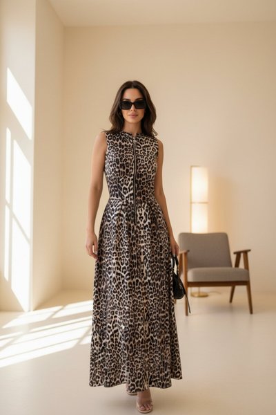 فستان طويل مُكسّر بطبعة النمر بجيوب بسحاب