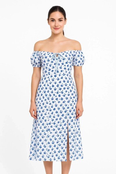 Mavi Çiçek Desenli Midi Bardot Elbise
