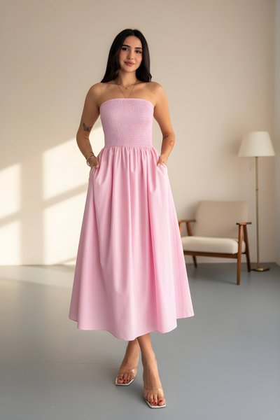 Midi Strapless Pleated Dress - Pink