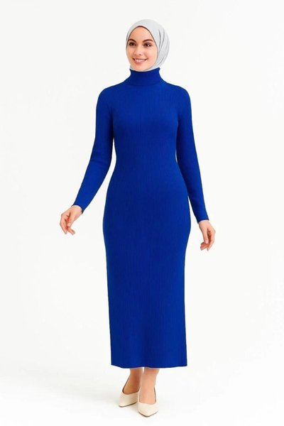 Long Ribbed Woven Knit High-Neck Modest Dress - Cobalt Blue