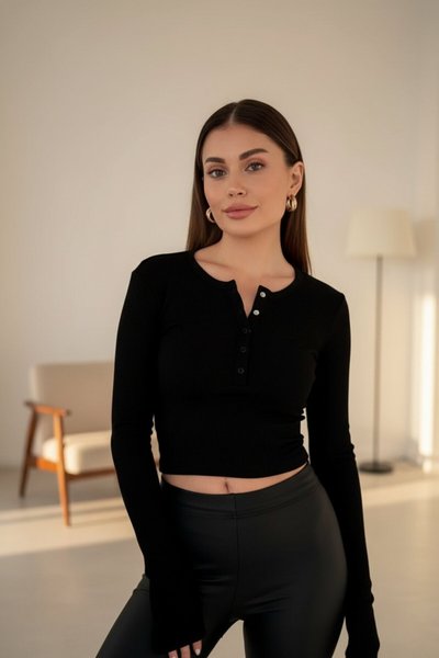 Siyah Uzun Kollu Crop Cıt Detaylı