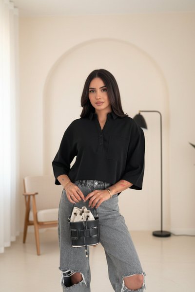 Cropped Z Crepe Short Sleeve Collared Shirt - Black