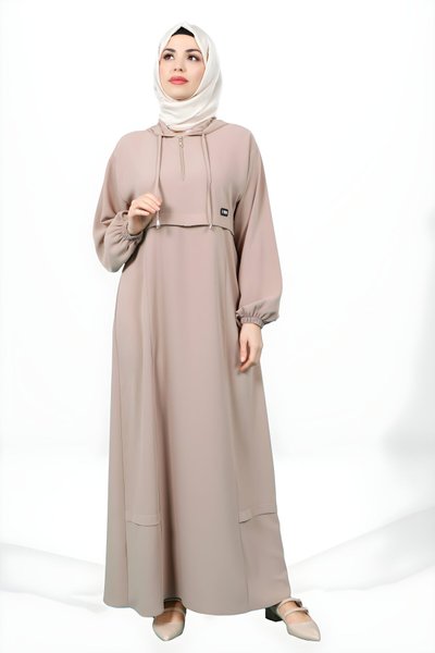فستان محتشم بيج بغطاء رأس وأكمام مطاطية
