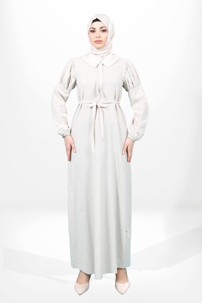 Bej Keten Volan Kol Seyyar Kemerli Tesettür Elbise