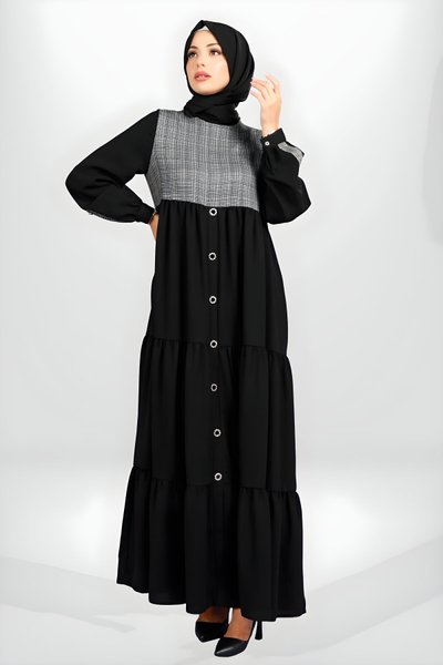 Modest Patterned Tiered Dress - Black