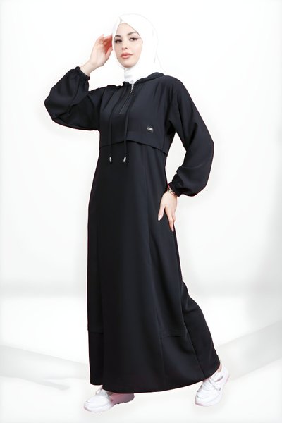 Modest Hooded Cuffed-Sleeve Dress - Black
