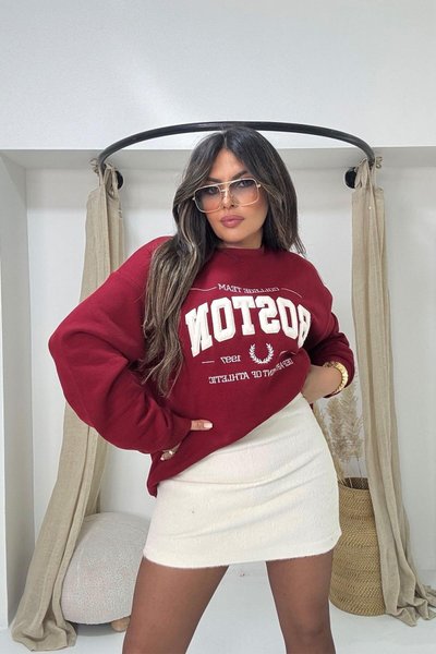 Bordo Boston Kürk Yazı Detay Sweatshirt
