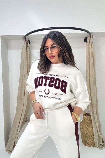 Ekru Boston Kürk Yazı Detay Sweatshirt