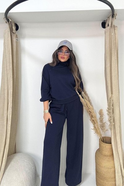 Lacivert Modal Kumaş Yaka Fermuarlı Eşofman Takım