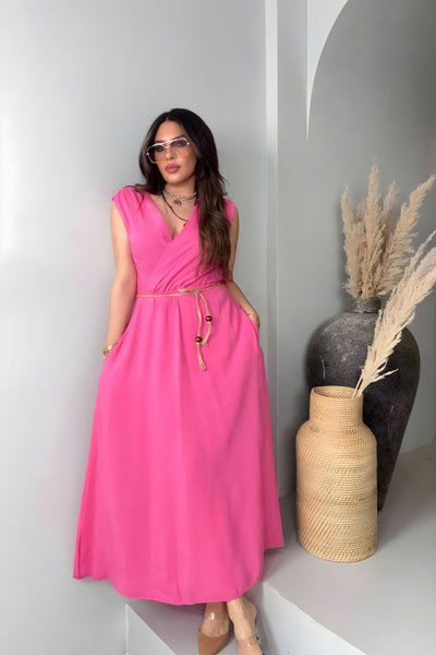 Long Wrap Woven Knit Tie Detail Dress - Pink