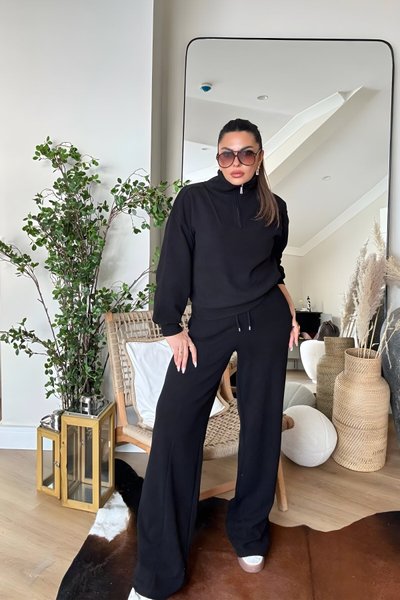 Siyah Soft Touch Yarım Fermuarlı Eşofman Takım