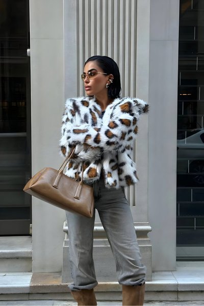 Leopard Print Fur Premium Collared Jacket - White/Brown