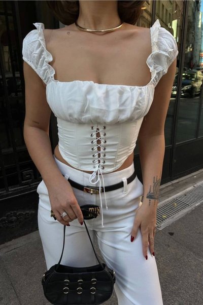 Strappy Corset-Style Ruffled Lace-Up Blouse - White