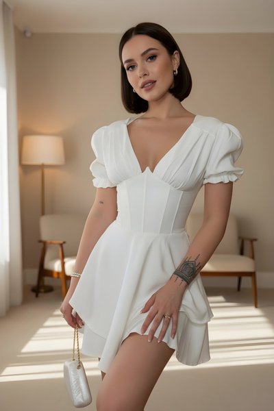 Mini V-Neck Corset Detail Layered Skirt Dress - White