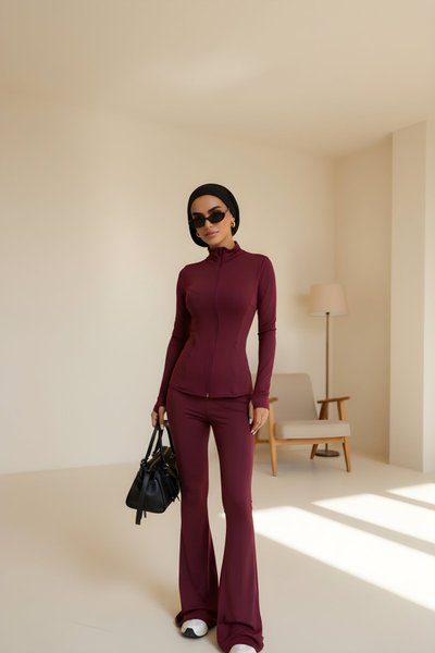 Bordo Fit Kesim İkili Fermuarlı Takım