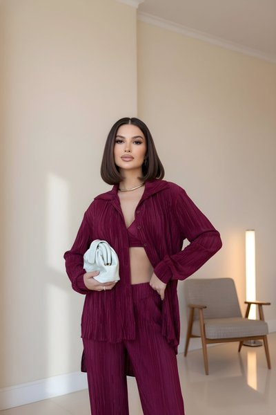 Bordo Piliseli Crop Gömlek Pantolon Üçlü Takım