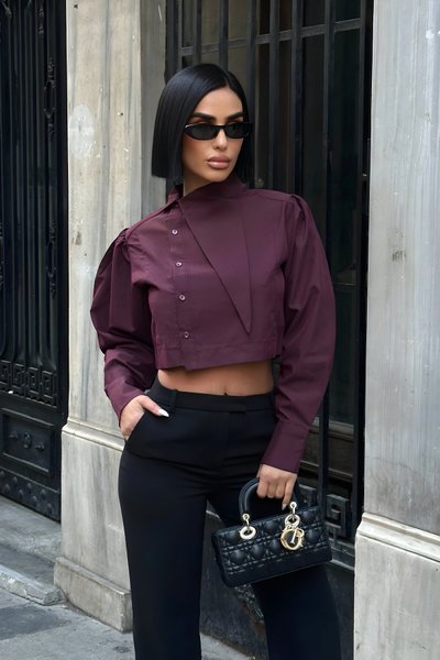Poplin Asymmetric Collar Shirt - Burgundy