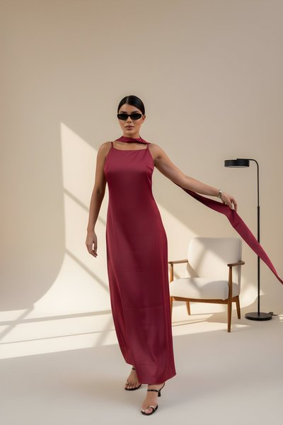 Long Satin Thin-Strapped Evening Dress with Shawl Detail - Burgundy
