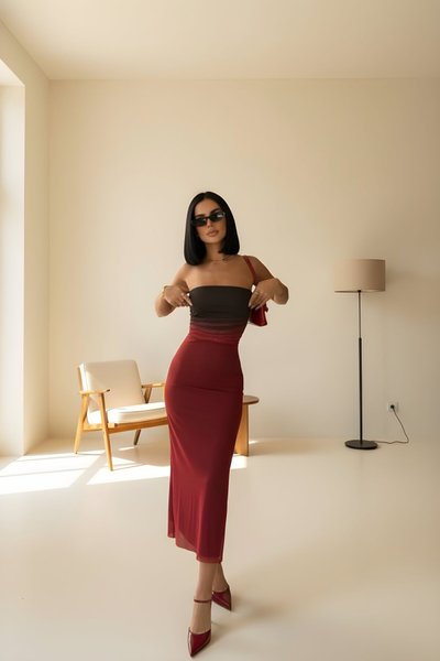 Long Fitted Strapless Tulle Lined Dress - Burgundy