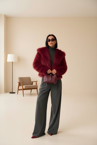 Premium Fur Lined Collared Jacket - Burgundy