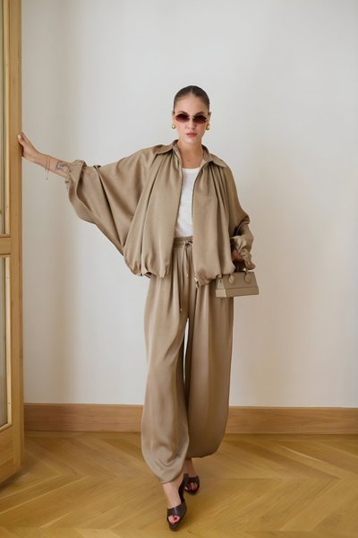 Balloon Fit Satin Hem-Detail Harem Pants - Khaki