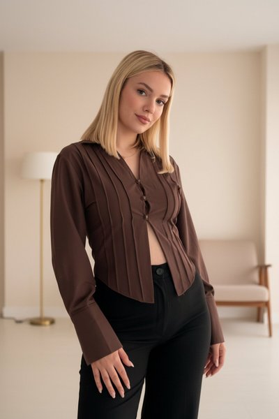 Plunging Poplin Button-Detail Shirt - Brown