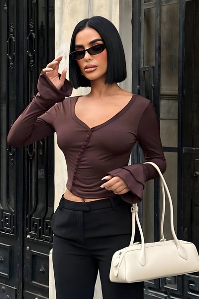 Bell Sleeve Button-Detail Blouse - Brown
