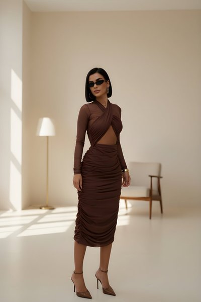 Midi Premium Tulle Gathered Zipper Detail Evening Dress - Brown