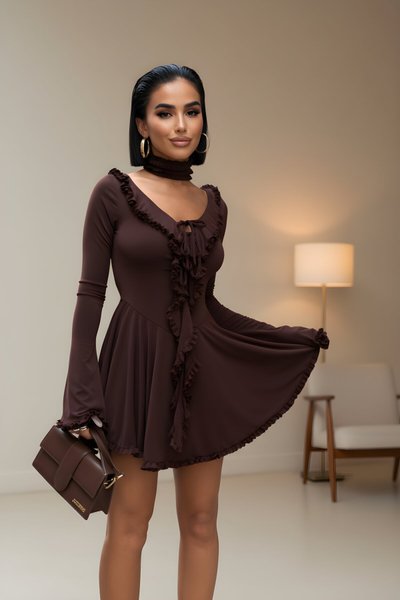Mini Premium Bell Sleeve Ruffle-Detail Dress - Brown
