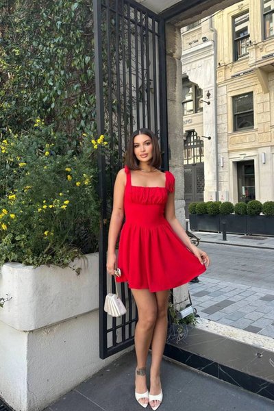 Mini Aerobin Fabric Shoulder Tie Dress with Shirred Back - Red