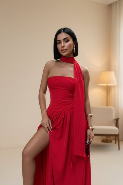 فستان سهرة طويل أحمر بقماش دبي بتفاصيل ربط خلفي و شق