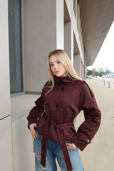 Short Belted Stand Collar Bsk Button Detail Trench Coat - Dark Brown