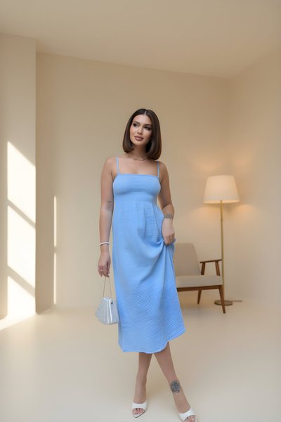 Midi Beach Strappy Square Neck Dress - Blue