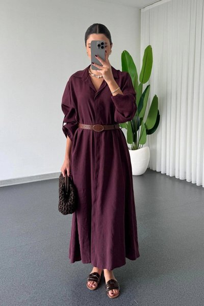 Midi Loose Fit Premium Modal Long Sleeve Buttoned Shirt Collar Dress - Plum